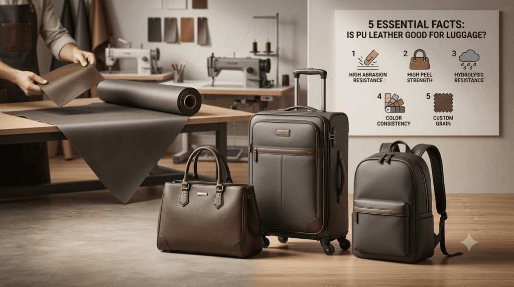 High-quality PU leather travel collection with a handbag, luggage, and backpack in a workshop setting, highlighting 5 facts about synthetic leather durability.