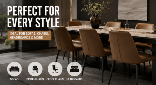 Premium PU leather for furniture used on sofas, dining chairs, office seating, and upholstered headboards in modern interiors