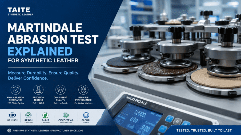 当前图片:A Martindale abrasion test machine evaluating the durability of Taite synthetic leather.