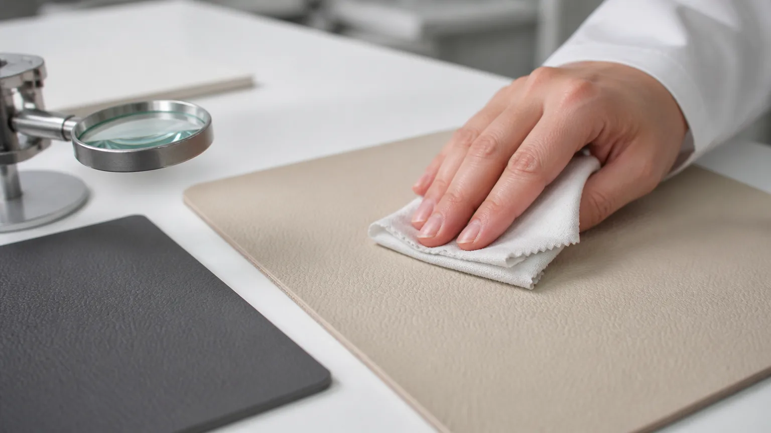 silicone leather cleanability evaluation with cloth and texture inspection