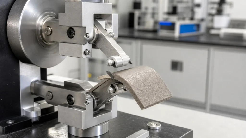 当前图片:synthetic leather flex test on a Bally flexometer checking surface cracking