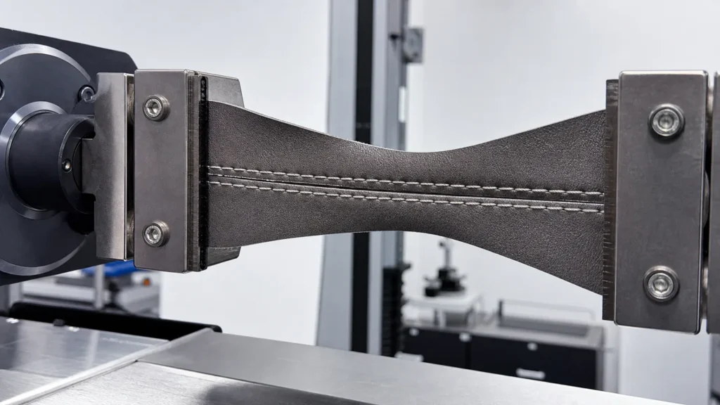 synthetic leather seam strength test on a tensile testing machine