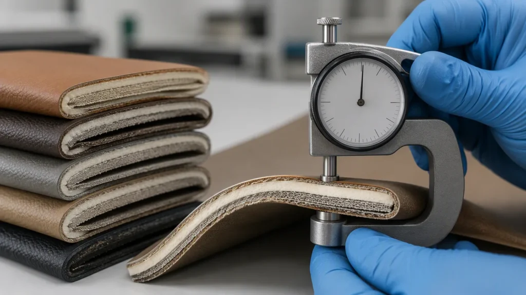 当前图片:synthetic leather thickness measured with a precision gauge on a layered material sample