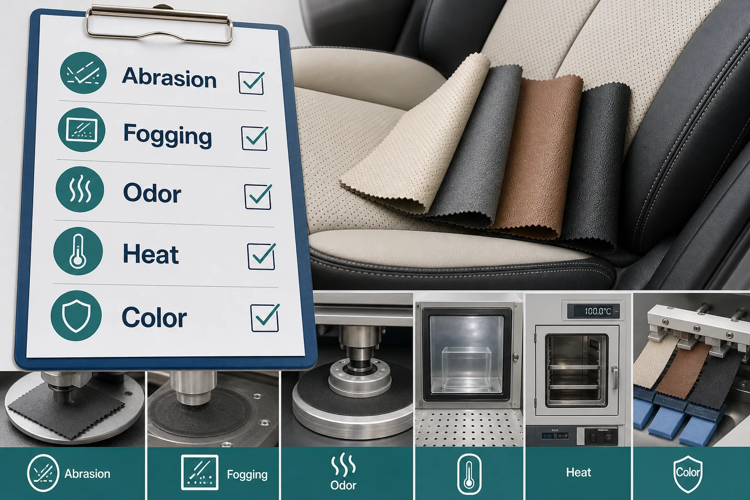 automotive microfiber leather buyer checklist abrasion fogging odor heat aging color fastness